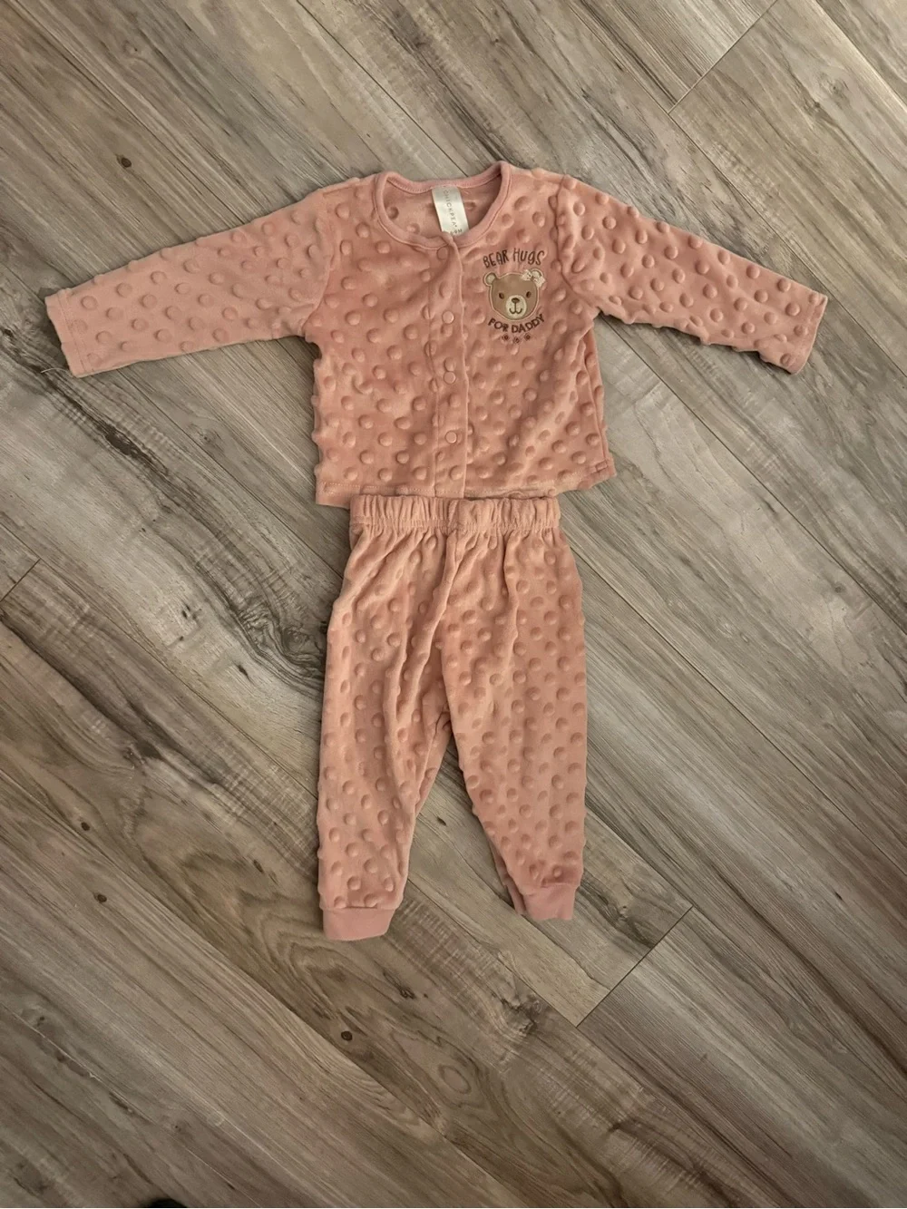chick pea Peach Dotted Plush Kids Pajama Set with Bear Applique